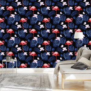 Papier Peint Nous Flamants Roses Feuilles Fleurs Nature Pour Salon – Image 3