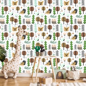 Papier Peint Ours En Peluche Hérisson Feuilles D'arbre Pour Chambre De Garçon – Image 5