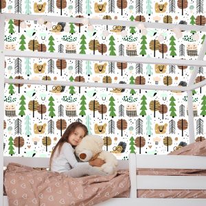 Papier Peint Ours En Peluche Hérisson Feuilles D'arbre Pour Chambre De Garçon – Image 7