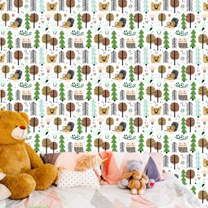 Papier Peint Ours En Peluche Hérisson Feuilles D'arbre Pour Chambre De Garçon – Image 6
