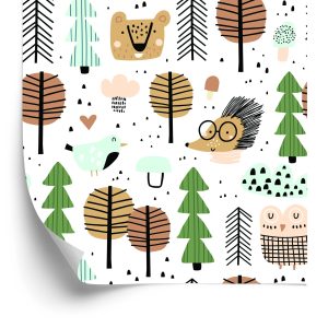 Papier Peint Ours En Peluche Hérisson Feuilles D'arbre Pour Chambre De Garçon – Image 2