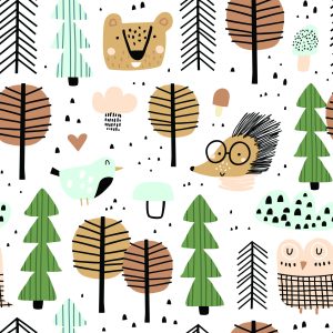 Papier Peint Ours En Peluche Hérisson Feuilles D'arbre Pour Chambre De Garçon – Image 1