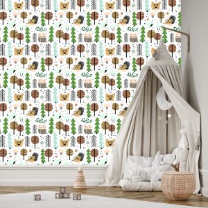 Papier Peint Ours En Peluche Hérisson Feuilles D'arbre Pour Chambre De Garçon – Image 3