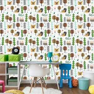 Papier Peint Ours En Peluche Hérisson Feuilles D'arbre Pour Chambre De Garçon – Image 4