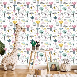 Papier Peint Éléphants Nuages ​​Palmiers Pour Chambre De Bébé – Image 5