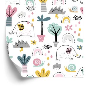 Papier Peint Éléphants Nuages ​​Palmiers Pour Chambre De Bébé – Image 2