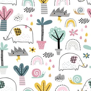 Papier Peint Éléphants Nuages ​​Palmiers Pour Chambre De Bébé – Image 1