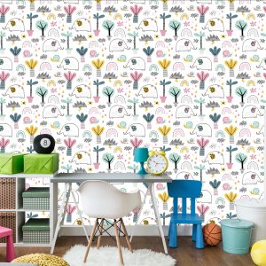 Papier Peint Éléphants Nuages ​​Palmiers Pour Chambre De Bébé – Image 4