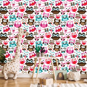 Papier Peint Pour La Chambre Des Filles Chouettes Colorées Coeurs – Image 5