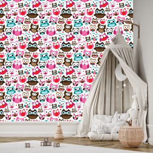 Papier Peint Pour La Chambre Des Filles Chouettes Colorées Coeurs – Image 3