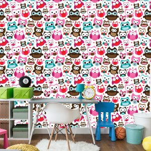 Papier Peint Pour La Chambre Des Filles Chouettes Colorées Coeurs – Image 4