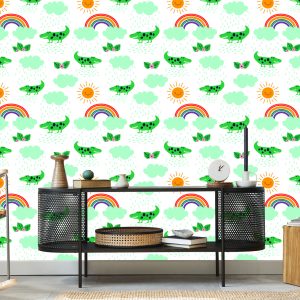 Papier Peint Pour Les Enfants, Crocodiles, Nuages, Fleurs Arc-En-Ciel – Image 5