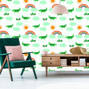 Papier Peint Pour Les Enfants, Crocodiles, Nuages, Fleurs Arc-En-Ciel – Image 6