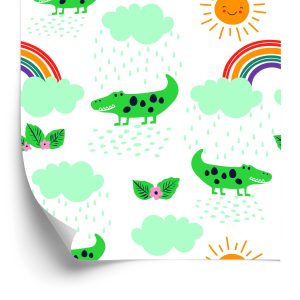 Papier Peint Pour Les Enfants, Crocodiles, Nuages, Fleurs Arc-En-Ciel – Image 2