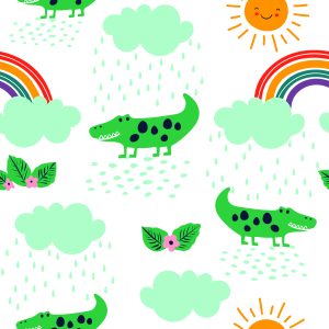 Papier Peint Pour Les Enfants, Crocodiles, Nuages, Fleurs Arc-En-Ciel – Image 1