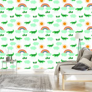 Papier Peint Pour Les Enfants, Crocodiles, Nuages, Fleurs Arc-En-Ciel – Image 3
