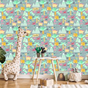 Papier Peint Pour Les Enfants Dinosaures, Arbres, Fleurs, Montagnes – Image 5