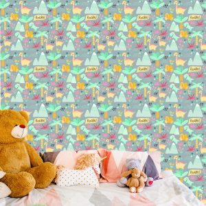 Papier Peint Pour Les Enfants Dinosaures, Arbres, Fleurs, Montagnes – Image 6