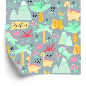 Papier Peint Pour Les Enfants Dinosaures, Arbres, Fleurs, Montagnes – Image 2