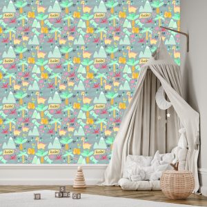 Papier Peint Pour Les Enfants Dinosaures, Arbres, Fleurs, Montagnes – Image 3