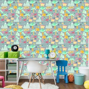 Papier Peint Pour Les Enfants Dinosaures, Arbres, Fleurs, Montagnes – Image 4