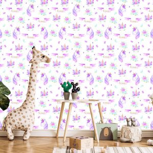 Papier Peint Pour Fille Licornes, Fleurs, Feuilles – Image 5