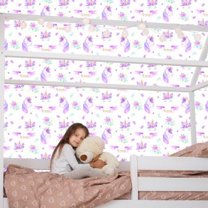 Papier Peint Pour Fille Licornes, Fleurs, Feuilles – Image 7