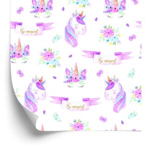 Papier Peint Pour Fille Licornes, Fleurs, Feuilles – Image 2