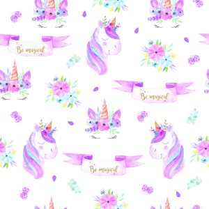 Papier Peint Pour Fille Licornes, Fleurs, Feuilles – Image 1