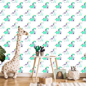 Papier Peint Pour La Chambre De Bébé Dinosaures, Plantes, Feuilles – Image 5
