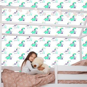 Papier Peint Pour La Chambre De Bébé Dinosaures, Plantes, Feuilles – Image 7