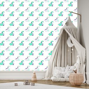 Papier Peint Pour La Chambre De Bébé Dinosaures, Plantes, Feuilles – Image 3