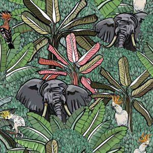 Papier Peint Éléphants, Oiseaux Et Arbres – Image 1