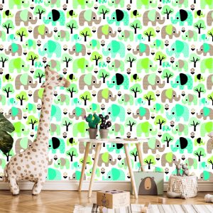 Papier Peint Éléphants Arbre Fleurs Vert Chambre Garçon – Image 5