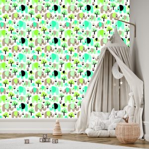 Papier Peint Éléphants Arbre Fleurs Vert Chambre Garçon – Image 3
