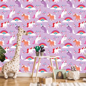 Papier Peint Pour Les Enfants Licornes Coeurs Arc-En-Ciel – Image 5