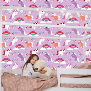 Papier Peint Pour Les Enfants Licornes Coeurs Arc-En-Ciel – Image 7