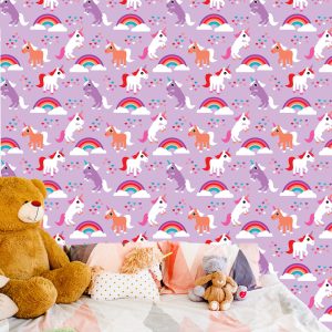 Papier Peint Pour Les Enfants Licornes Coeurs Arc-En-Ciel – Image 6