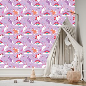 Papier Peint Pour Les Enfants Licornes Coeurs Arc-En-Ciel – Image 3