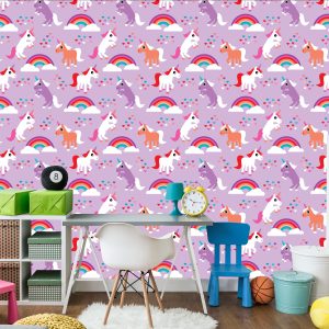 Papier Peint Pour Les Enfants Licornes Coeurs Arc-En-Ciel – Image 4