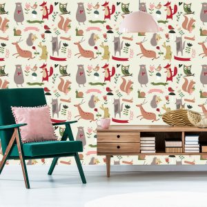Papier Peint Pour Les Enfants - Animaux De La Forêt Et Coeurs – Image 6
