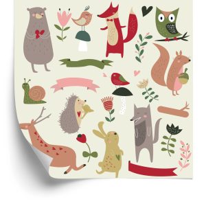 Papier Peint Pour Les Enfants - Animaux De La Forêt Et Coeurs – Image 2