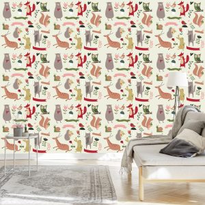 Papier Peint Pour Les Enfants - Animaux De La Forêt Et Coeurs – Image 3