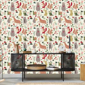 Papier Peint Pour Les Enfants - Animaux De La Forêt Et Coeurs – Image 5