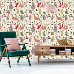 Papier Peint Pour Les Enfants - Animaux De La Forêt Et Coeurs – Image 6