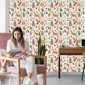 Papier Peint Pour Les Enfants - Animaux De La Forêt Et Coeurs – Image 7