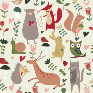 Papier Peint Pour Les Enfants - Animaux De La Forêt Et Coeurs – Image 1