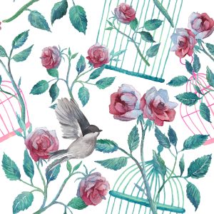 Papier Peint Oiseaux Cage Roses – Image 1