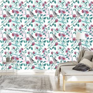 Papier Peint Oiseaux Cage Roses – Image 3