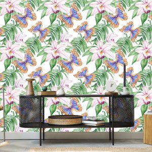 Papier Peint Pour Le Salon, Papillons, Fleurs, Feuilles – Image 5